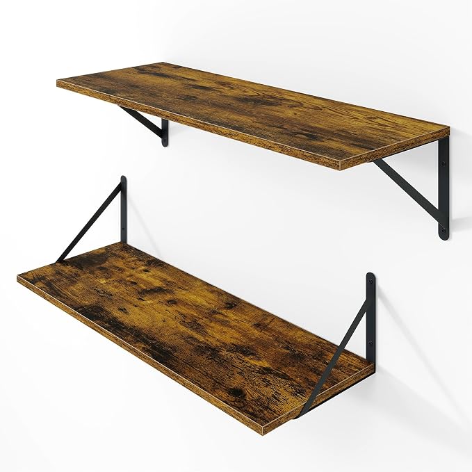 Vivelove Deep Floating Shelves for Wall, 24W x 8D Wood Wall Shelves Set of 2, Wide Floating Bookshelf for Living Room, Kitchen, Office, Bedroom and Decor Storage, with Metal Bracket - Rustic Brown