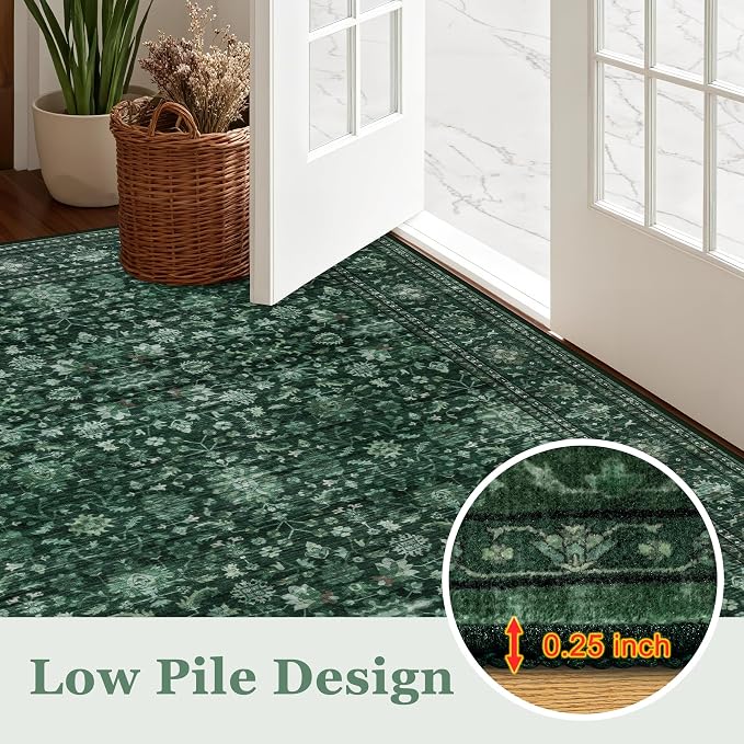Round Area Rug for Living Room: 4 ft Washable Vintage Boho Soft Thin Circle Rug Indoor Floor No Slip Stain Resistant Carpet for Bedroom Dining Room Farmhouse Nursery Home Office - Deep Green