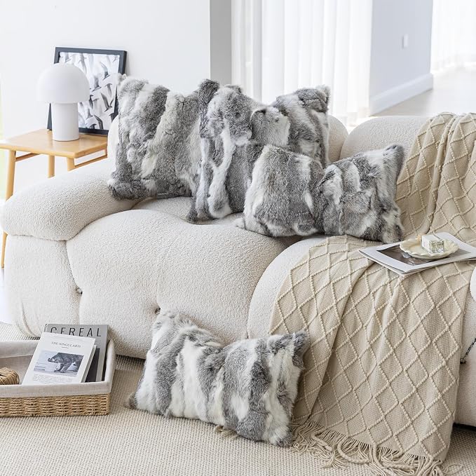MOOX Rabbit Fur Pillow Covers Set of 2 Fur Throw Lumbar Decorative Pillow Fuzzy Soft Fluffy Genuine Animal Skin 12"x20" Sofa Couch Bed Cover, Couch-Grey White