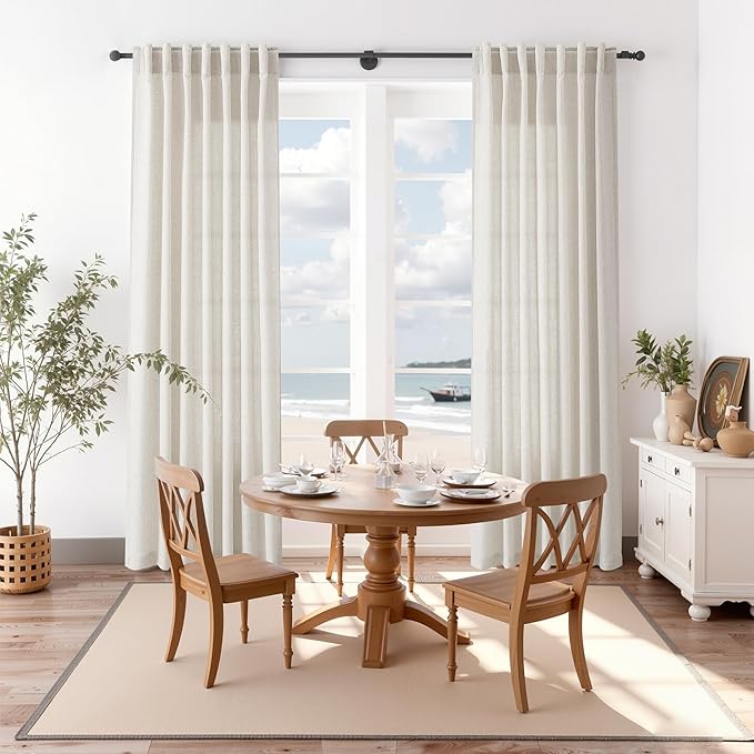 Nanspring Pearl White Curtains 90 Inches Long for Living Room Linen Light Filtering Semi Sheer Curtain Back Tab Rod Pocket Coastal Decor Neutral Elegant Gray Drapes for Bedroom 52x90, 2 Panels