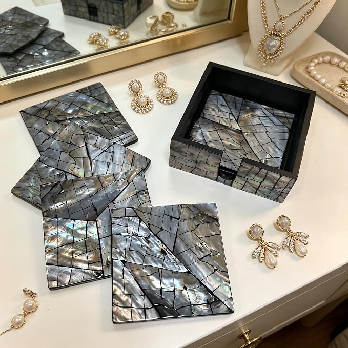i-lan Mother of Pearl Coasters Set of 6 with Holder - 4.7" Square Drink Coasters for Kitchen, Dining Room, Coffee Table - Black Mosaik Pattern, Shell Inlay Cup Mats