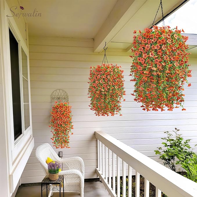 Serwalin 4PCS Artificial Fall Flowers for Outdoors Decoration, Realistic Silk Artificial Fall Hanging Flowers for Patio, Garden, Porch, Window, Outside (Orange,8PCS)