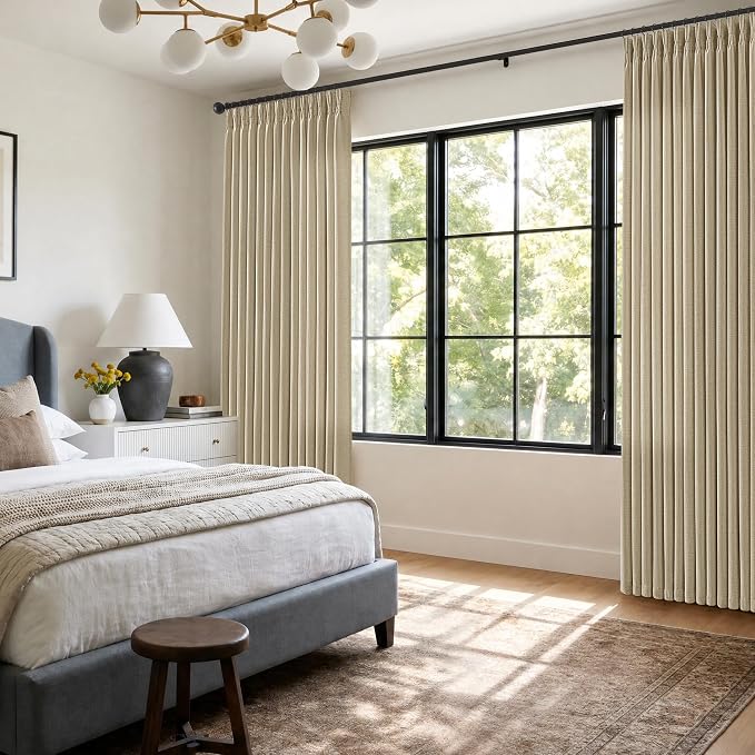 Pleated Thick Linen Oatmeal Curtains 92 Inch Length for Living Room Memory Training Light Filtering Privacy Textured Pinch Pleat Curtains with Ring Hooks Warm Beige Sand Farmhouse Bedroom Drapes