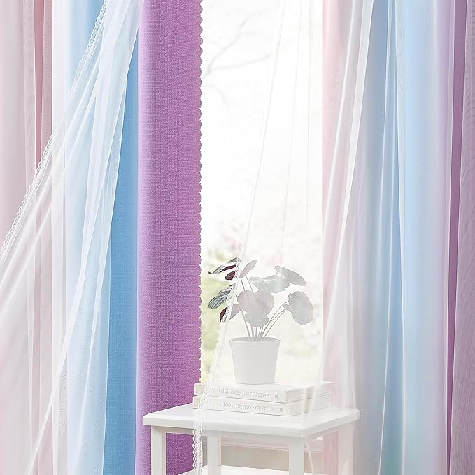XiDi Kids Blackout Curtains with Sheer Overlay 84 Inches Long 2 Panels for Girls Bedroom Nursery Rainbow Pink Purple Blue Double Layer Curtains Unicorn Princess Theme Home Decor Grommet W34 x L84