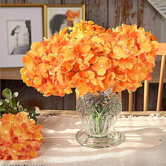 Auihiay 64 PCS Orange Hydrangea Flowers, Silk Hydrangea Artificial Flowers Heads with Stems, Artificial Hydrangea Flowers for Wedding Centerpieces, Home, Garden, Baby Shower Decoration