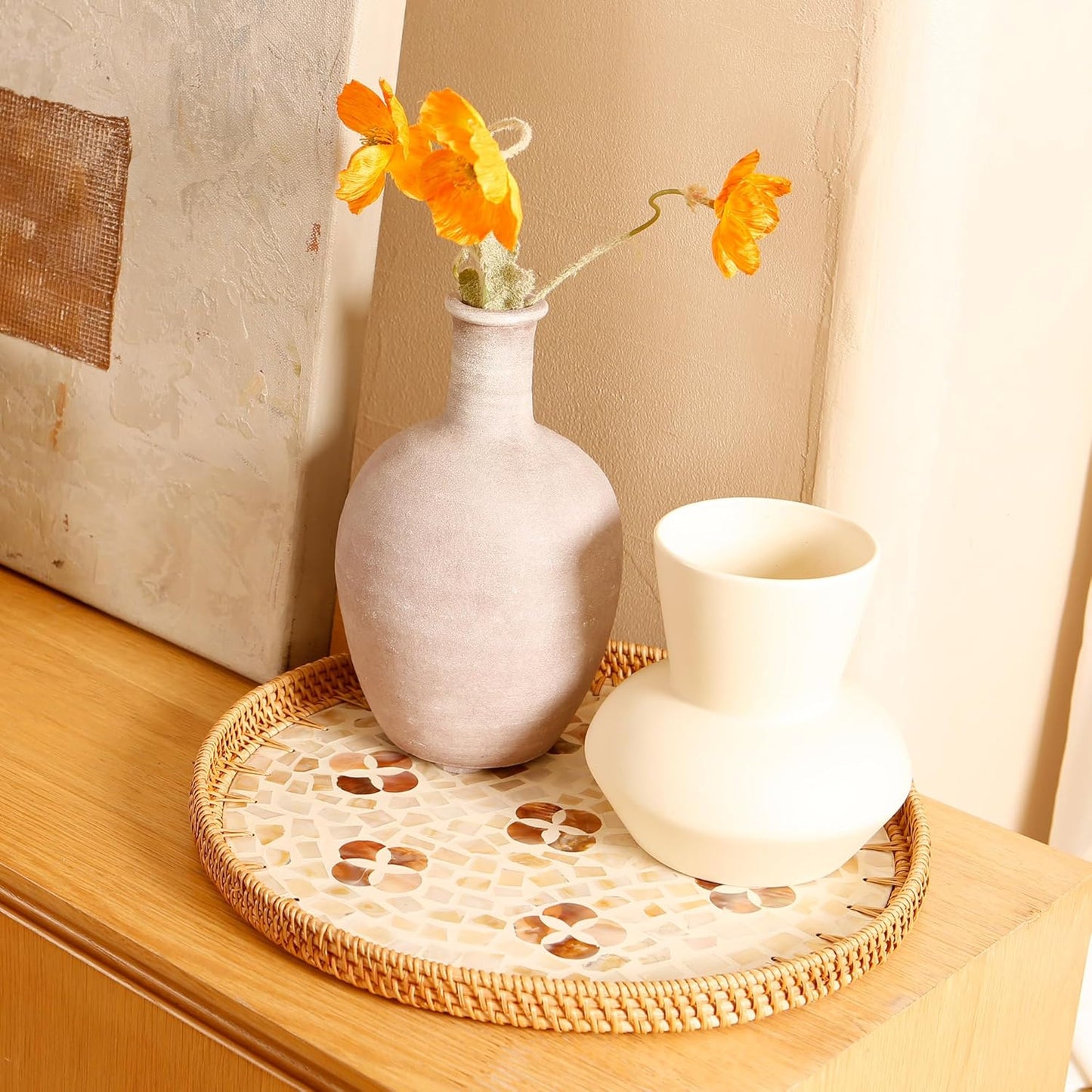 Round Rattan Tray with Mother of Pearl Inlay & Wooden Base - Decorative Wicker Serving Tray for Coffee/Bread/Fruits, Food Storage & Display - Multipurpose Home Decor (L,Four-Petal Flower)