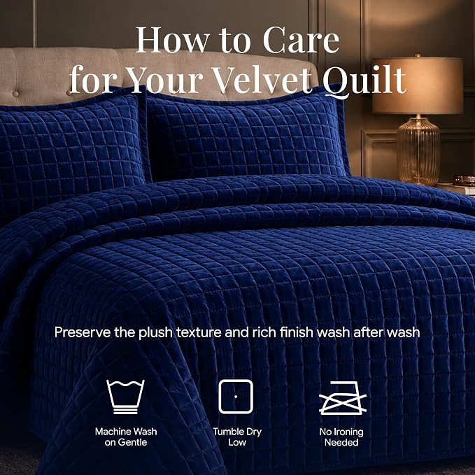 Tribeca Living Luxury Velvet Quilt Queen Size Set - 260GSM Ultra-Soft Oversized Velvet Bedspread Comforter Set with 2 Shams, in Florence Navy Blue
