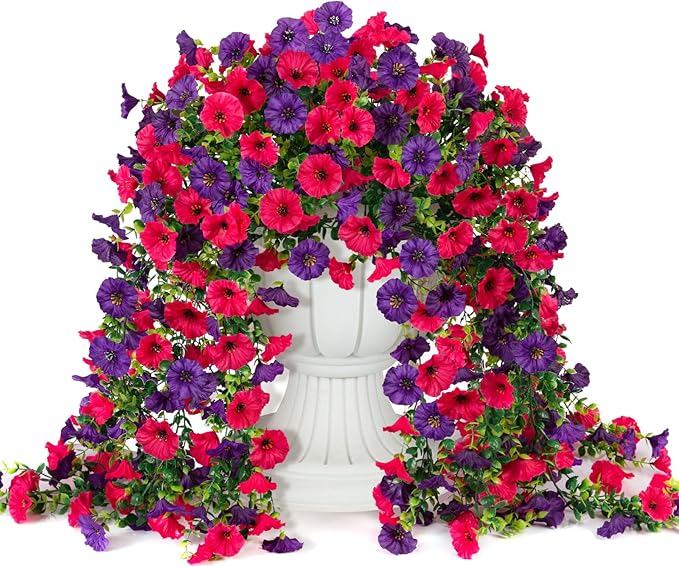 Fake Artificial Hanging Morning Glory Flowers for Outdoor Planters Porch Pation Decoration,2 Bundles UV Resistant Silk Faux Flowers with Realistic Eucalyptus Plants for Home Office Garden Decor