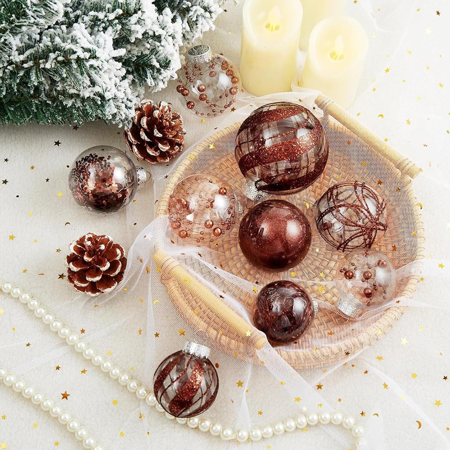 Clear Christmas Ball Ornaments,24ct Shatterproof Plastic Decorative Christmas Ornaments Hanging Xmas Tree Baubles Set with Stuffed Delicate Glittering Decorations for Holiday Party Home Decor (Brown)