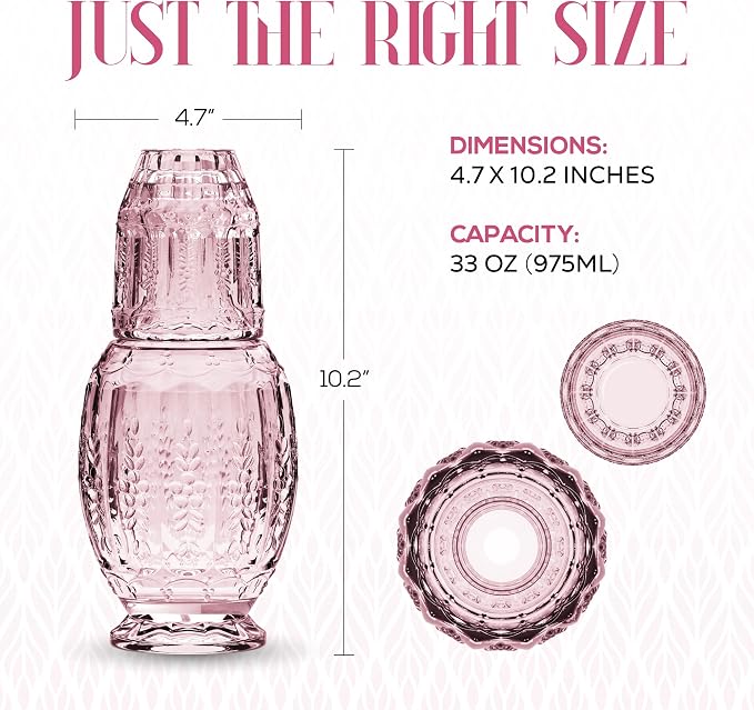 Elle Décor Vintage Bedside Water Carafe With Tumbler – Elegant Pitcher and Matching Drinking Glass Doubles As Lid For Guest Room, Office-Makes A Gift, 4.7x10.4, Pink