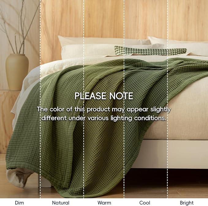 PHF 100% Cotton Waffle & Muslin Throw Blanket Large, Soft Breathable Luxury 400GSM Versatile Reversible Bedding for Couch, Great for Layering in Cold Weather, Home Decor Gift, 50" x 70", Olive Green