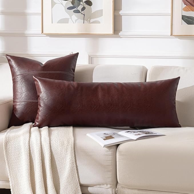 Fancy Homi Burgundy Boho Long Lumbar Faux Leather Body Decorative Throw Pillow Cover 14x36 Inch for Bed Couch Sofa Bench, Thick Stylish Solid Wine Red Pillowcase, Rustic Modern Farmhouse Room Decor