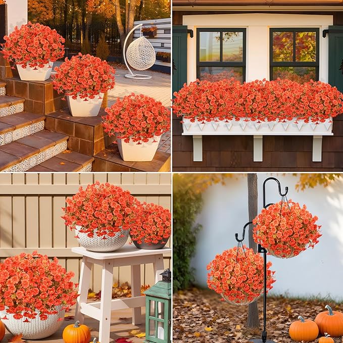 MARTINE MALL Artificial Fall Flowers for Outdoors, 12 Bundles Faux Fall Flower for Outdoor Planters, UV Resistant Fall Flowers Artificial for Outdoors Fake Autumn Petunias for Front Porch (Orange)
