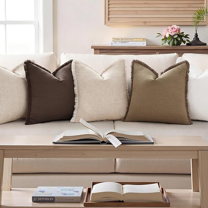 decorUhome Summer Decorative Neutral Linen Fringe Euro Sham Throw Pillow Covers Set of 2 Chocolate Pillow Covers with Tassels Soft Farmhouse Boho Accent Pillow Cases for Couch Bed Sofa 22x22 Inch