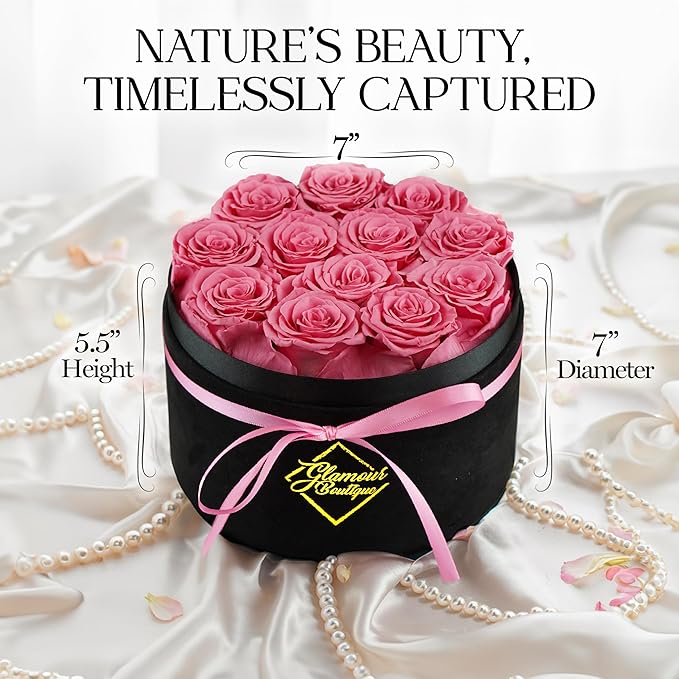 GLAMOUR BOUTIQUE Flowers Forever Gift Box, 12 Real Preserved Roses in Velvet Black Box, Floral Gift for Her, Mom or Wife for Birthday, Mother’s Day, Anniversary or Graduation, Pink (Color-Treated)