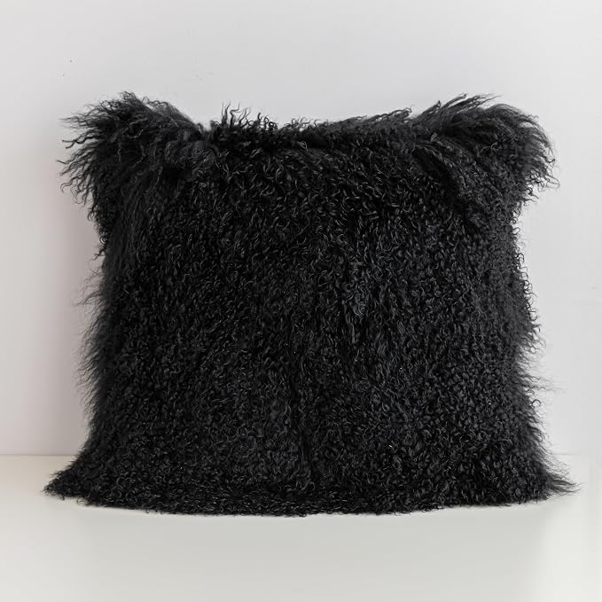 MOOX Mongolian Lamb Fur Pillow Covers Lumbar Throw Sheepskin Pillow Case Genuine Wool Fur Tibetan Accent Living Room Bedroom Decorative Cushion Cover (18 * 18inch Black)