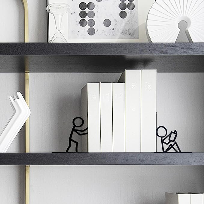 Bookends Decorative Metal Unique Office Desk Bookends Cute Book Ends Reading Decor Bookshelf Decor for Office School Library Bedroom, Book Lovers Gift