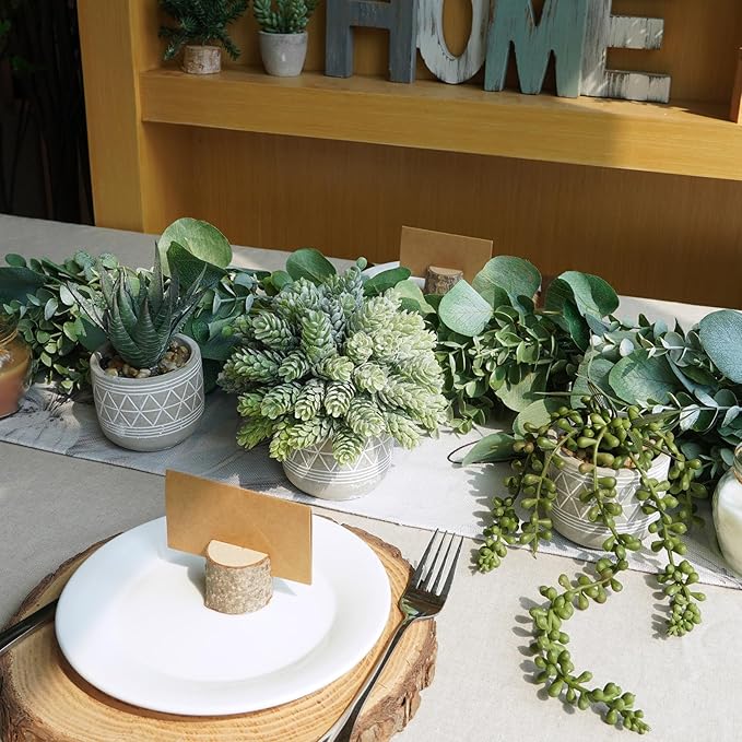 Winlyn Set of 3 Mini Faux Succulent Potted Plants Artificial Aloe Hops String of Pearls Fake Succulents in Gray Geometric Concrete Pots for Home Office Table Shelf Kitchen Living Room Boho Décor