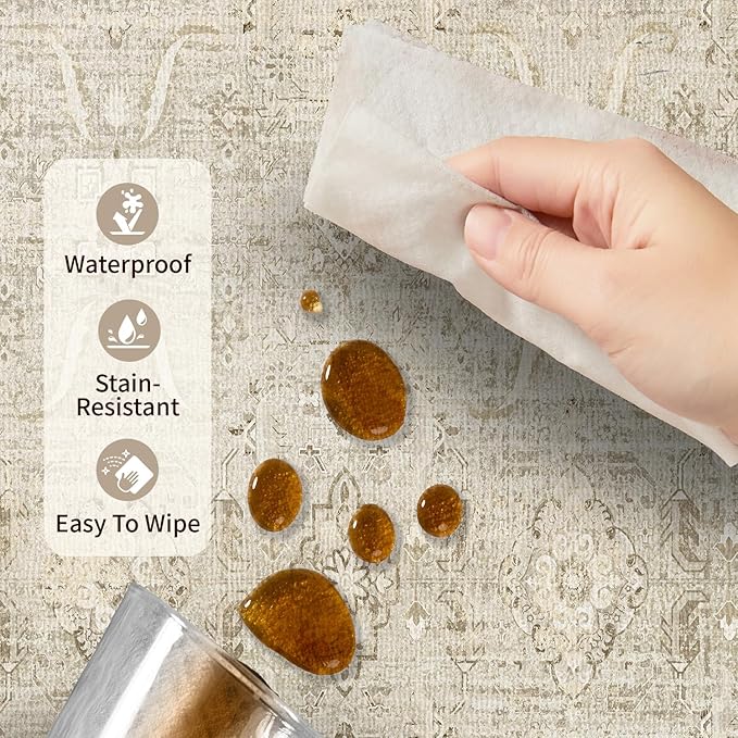Rugxara 10x14 Area Rugs for Living Room Bedroom, Large Washable Rug, Beige Vintage Floral Boho Rug, Non Slip & Low Pile Faux Wool Carpet for Indoor Dining Room and Kids Room(Beige 10x14ft)