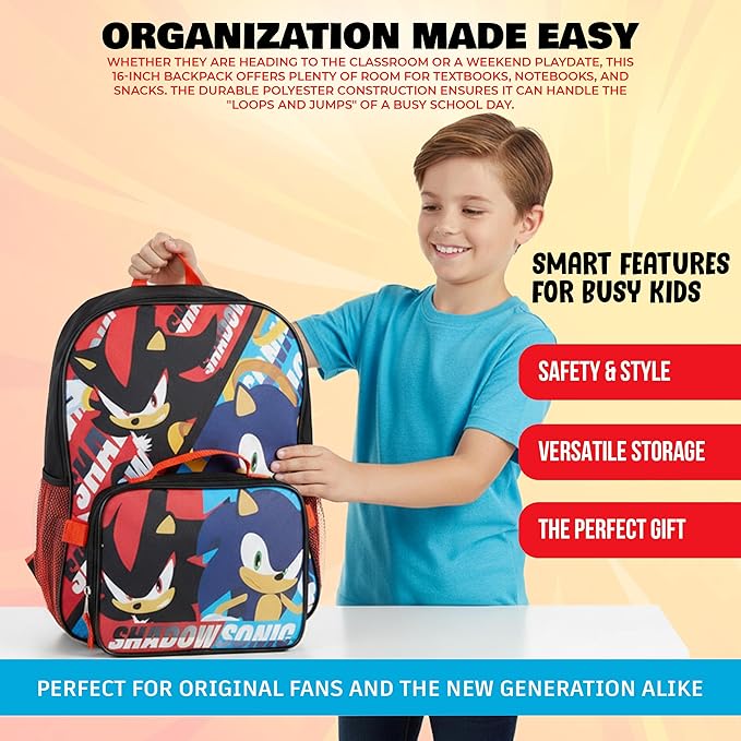 AI ACCESSORY INNOVATIONS Sonic The Hedgehog & Shadow 2 Piece Backpack Set, Boys & Girls 16" School Bag, Black