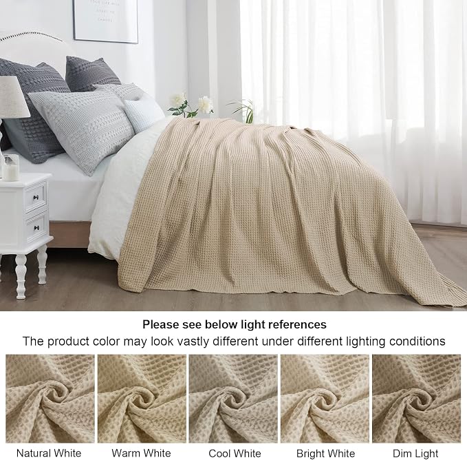 PHF Pre-Washed 100% Cotton Waffle Weave Blanket King Size for Bed,Snag Proof Throw Blanket for Couch Spring Summer Lightweight Breathable,Machine Washable, Home Decor Gift - Khaki/Simply Taupe