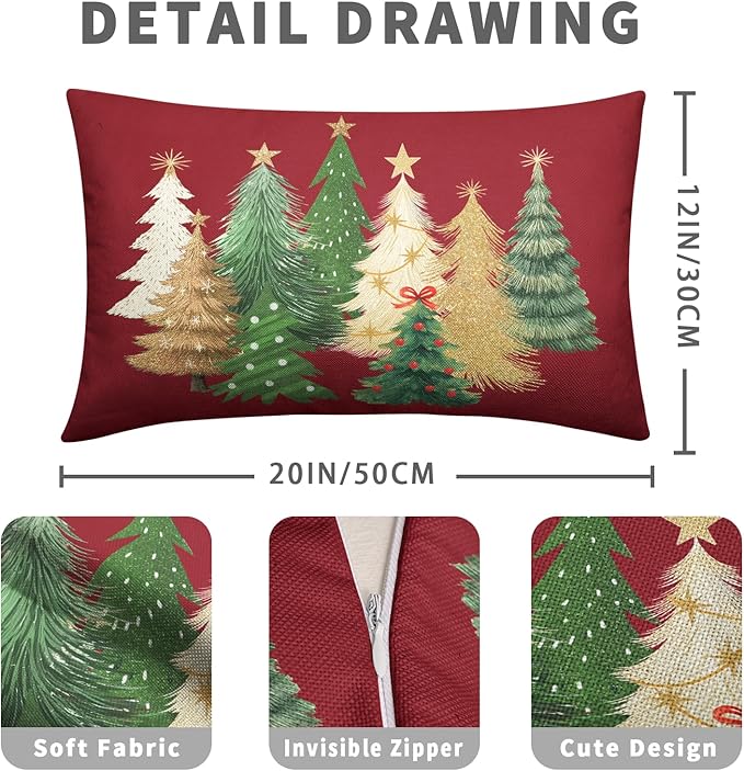 Red Christmas Lumbar Pillow Covers 12x20 Set of 2 Gold Green Xmas Tree Pillow Case Winter Holiday Throw Pillow Covers Rectangular Decorative Cushion Case for Couch Sofa