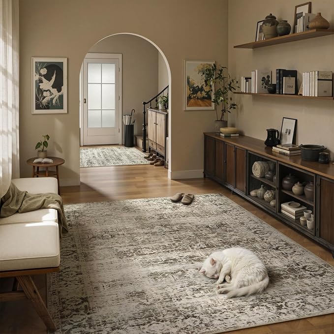 Lahome Margot Beige Washable Rugs for Living Room 8 x 10 Large Living Room Rug Indoor Carpet, Boho Vintage Distressed Non Slip Low Pile Bedroom Carpet for Dining Room Office Playroom (8x10, Beige)