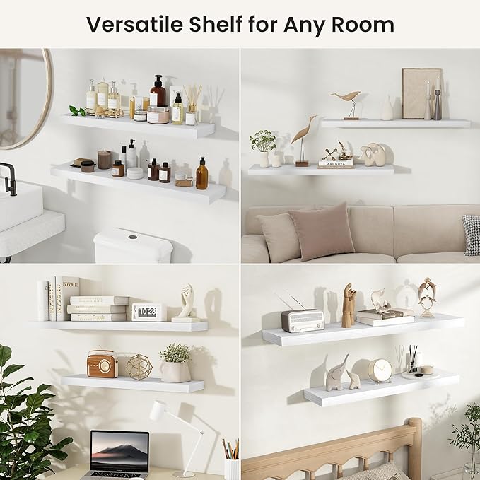 Fun Memories Rustic Floating Wall Shelves, Wall Mounted Wood Storage & Display Shelves for Bathroom, Bedroom, Living Room or Kitchen, (Set of 2, White, 36 in)