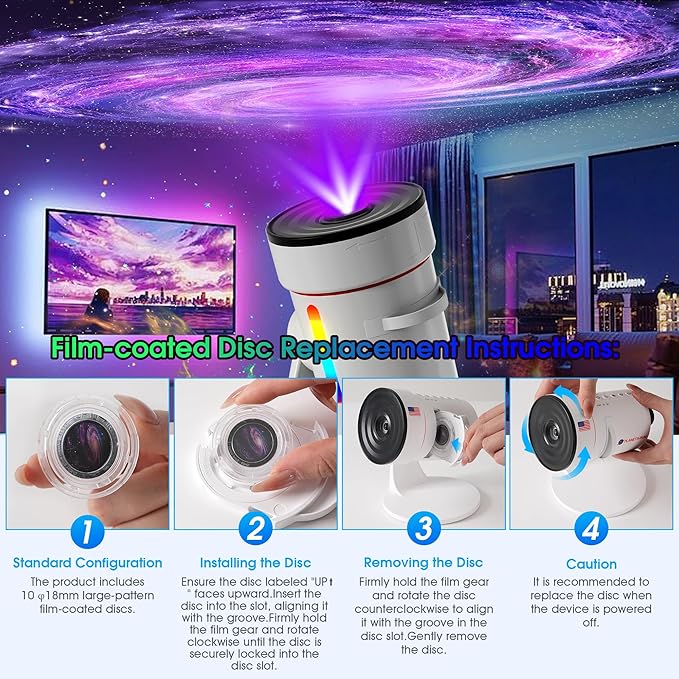 Galaxy Projector,Upgraded 4K HD Star Projector Lens, 10 Slides Image Planetarium BedRoom Lights,Ceiling Lights 360° Rotation 1/2/4Timer off &8 LED Color Night Light,for Bedroom, for Adults Kids