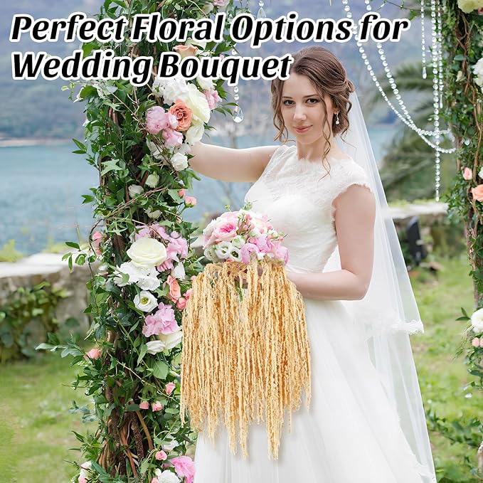 Suncalla 12 Pcs Champagne Spring Natural Dried Amaranthus Hanging Flowers Amaranthus Artificial Flowers for Wedding Arch Bouquet Floral Garland Wall Home Decoration (23 Inch)
