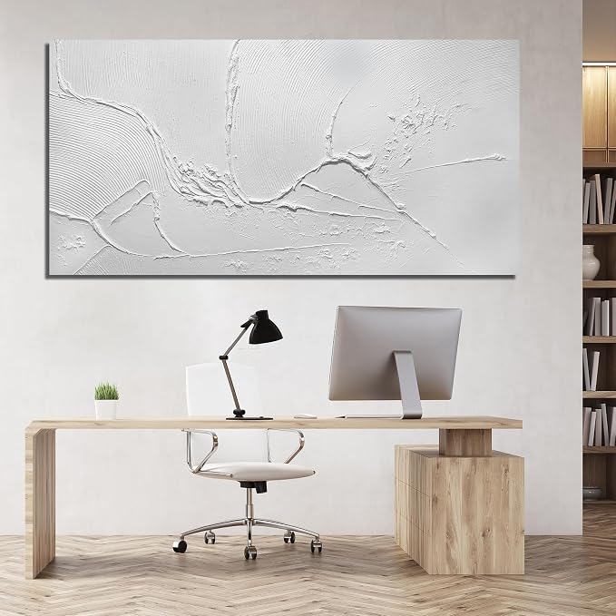 THRLVEART Large Paintings for Living Room White Abstract Art Wall Decor for Dining Room Huge Home Ofiice Decor 47 x 95 Inch