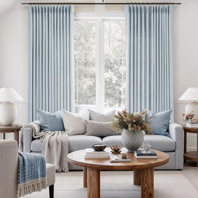 Greyish Blue Pinch Pleated Linen Curtains 63 Inch Length 2 Panels for Living Room Bedroom Textured Semi Sheer Drapes Pinch Pleat Rings Window Curtain 40x63