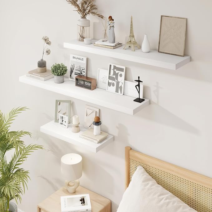30in Floating Shelves for Wall, 30"W x 9.25"D x 1.25"H, 2 Pack Long Wall Mounted Engineered Wood Shelves with Invisible Brackets for Living Room, Bedroom, Bathroom, Kitchen Decor and Storage, White