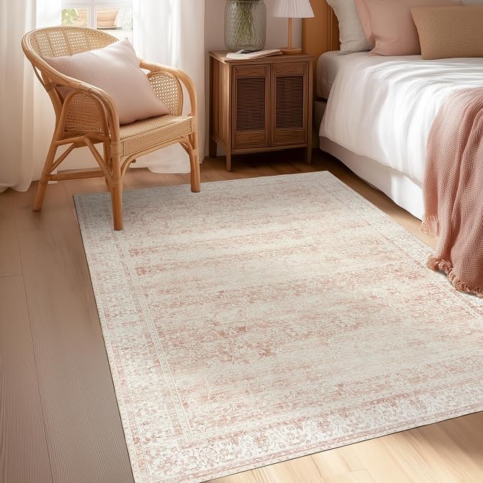 BILEEHOME Vintage Pink Rug 3x5 Washable Non Slip Floral Aesthetic Indoor Rugs for Entryway Kitchen Low Pile Carpet for Laundry Room Bathroom Front Door Mat for Entrance 3 x 5