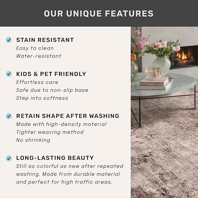 Hazo Haus Brown Living Room Rug 8x10 - Retro Washable Rug for Dining Room, Fireplace, Bedroom, Non Slip Low Pile Abstract Warm Tan and Terracotta