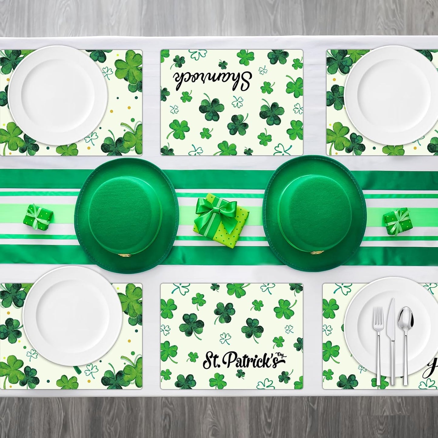 St. Patrick's Day Placemats Set of 6 Reusable Lucky Shamrock Plastic Table Mats Easy Clean Clover Place Mats Wipeable Spring Irish Table Decoration for Indoor Outdoor Party Kitchen Dining