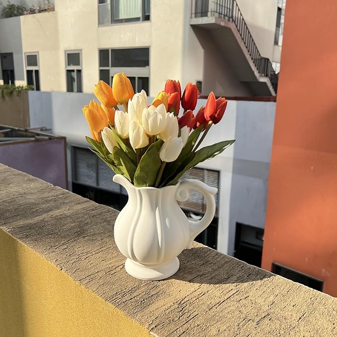 Artificial Fake Flowers for Spring Summer Outdoor Decoration,6 Bundles Shyshining Realistic UV Resistant Silk Fabric Colorful Tulip Faux Plants for outside Planter Home Porch Patio Decor(White Orange)