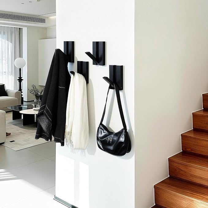 Folding Wall Hooks 4Pack: Black Modern Wooden Coat Hooks Mount for Heavy Duty Hanging Towels Backpack Bags Hats, Space Saving Minimalist Decorative Entryway Hanger for Aesthetic Homeowner