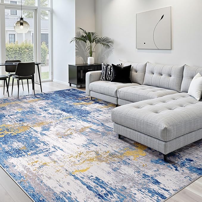 RELEANY Washable Area Rugs Square 10ft Non-Slip Modern Abstract Soft for Living Room Entryway Bedroom Nursery, Print Pattern, Grey Blue Gold/Golden
