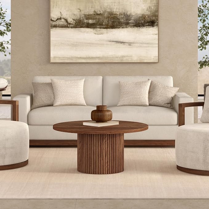 Henn&Hart 32" Fluted Round Wooden Pedestal Low-Profile Coffee Table for Living Room, Family Room, Office, or Apartment, Medium Walnut