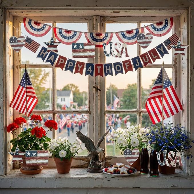 Junkin 24 Pcs 4th of July Wooden Ornaments Vintage Patriotic Tree Decorations Rustic Stars Hearts Flags USA Red White Blue Hanging Ornaments for 250th Anniversary Memorial Independence Day Party Decor