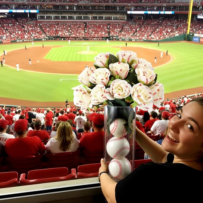 Suncalla 12 Pcs Baseball Rose with Leaves Bulk Artificial Fake White Roses Decor Sports Flower Gifts for Table Centerpieces Graduation Wedding Gift Sports Theme Rose Bouquet Party Favors