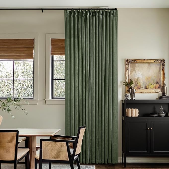80 Inches Long Olive Green Linen Curtains for Living Room Pinch Pleat Hooks for Living Room Back Tab Thick Linen Textured Pleated Drapes Light Filtering Loden Bedroom Window Curtains 80 Inch Length