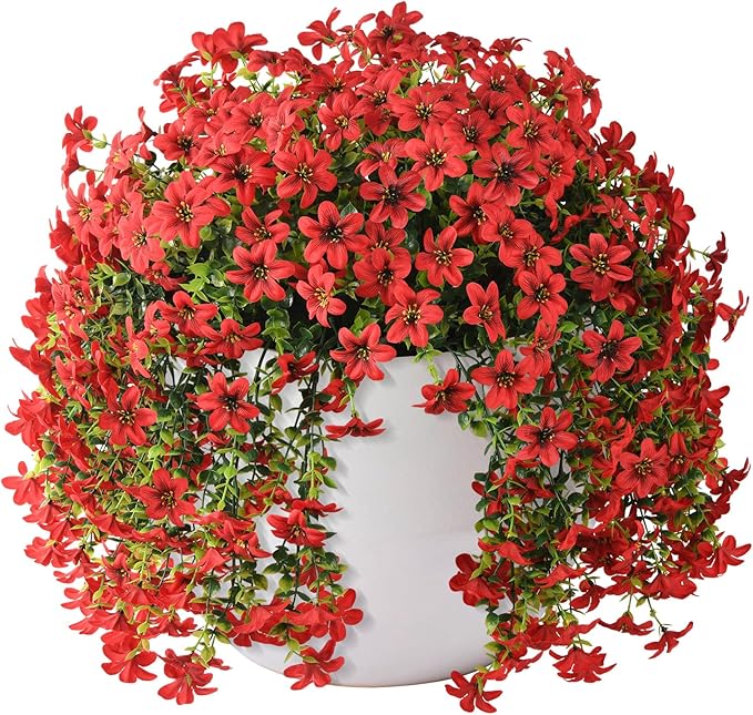 Artificial Hanging Baskets Outdoor, 4 Bundles Artificial Hanging Flowers Outdoors Spring Summer Decoration, No Fade Realistic Fake Hanging Baskets for Porch Patio Balcony Home Yard Decor