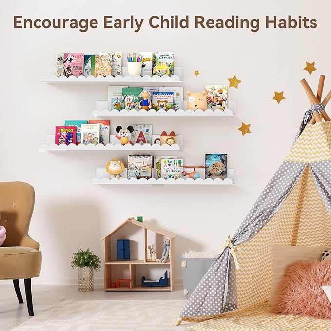 Floating Shelves for Wall, 23 Inch Metal Nursery Book Shelves 4 Pack, Wall Mounted Book Shelf for Kids Room, Bedroom, Bathroom, Playroom Decor (White)