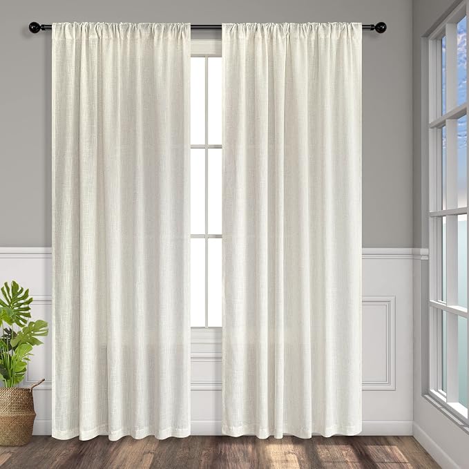 Natural Linen Bedroom Curtains 63 Inch Length 2 Panels Back Tab Rod Pocket Sheer Light Filtering Semi Transparent Lightweight Ivory Cream Colored Curtain for Living Room Sand Beach Farmhouse Off White