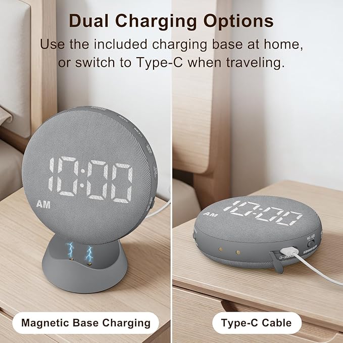 SolaceRise Super Loud Alarm Clock for Heavy Sleepers: Vibrating Digital Auto-Dim Clock with Bed Shaker for Hearing Impaired - Portable Rechargeable Battery for Bedroom Travel Dorm - Gray
