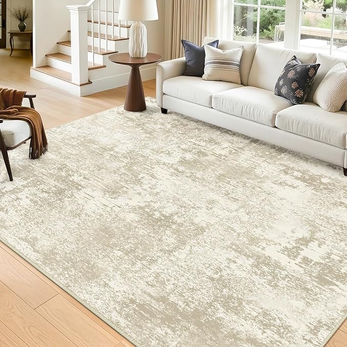 RELEANY Washable Area Rugs 9'x12' Non-Slip Modern Abstract Soft for Living Room Entryway Bedroom Nursery, Print Pattern, Beige Cream Brown