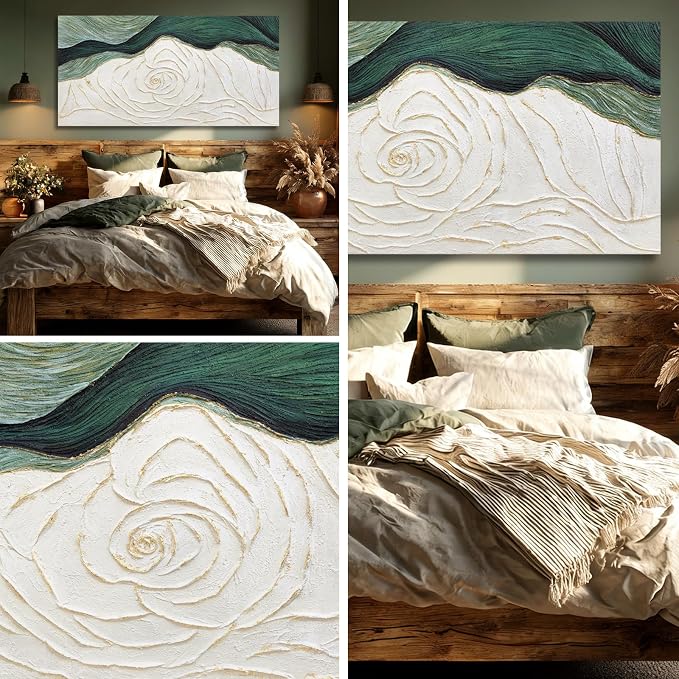 Dolidoteart Canvas Wall Art, Green Abstract Wall Art Print with Textured Hand-Painted Look, Sage Green Cream Gold Horizontal Artwork for Office Living Room Bedroom, 24x48 Inch