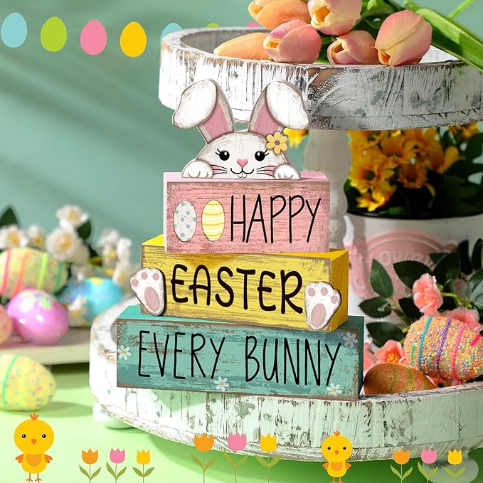 Moucuny 4 Pcs Easter Table Decorations Bunny Tiered Tray Decor Wooden Bunny Block Signs for Family Gatherings, Reusable Happy Easter Centerpiece for Kitchen, Home Shelf, Office & Spring Party Tables